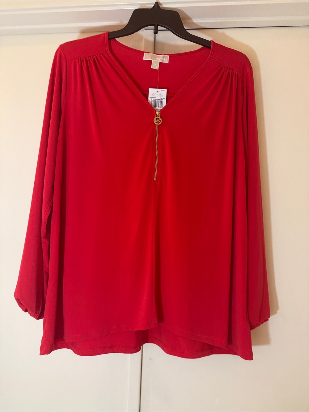 Michael Kors Women’s Red Zip-Detail V-Neck Blouse - Picture 2 of 6